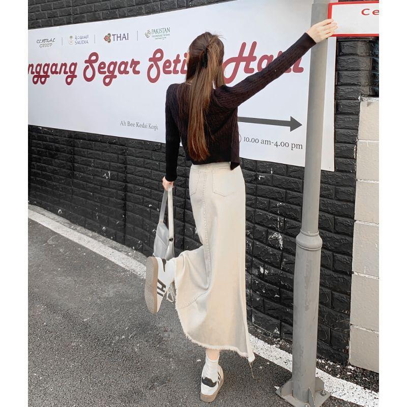 High Rise Plain Denim Fishtail Midi Pencil Skirt Product Image