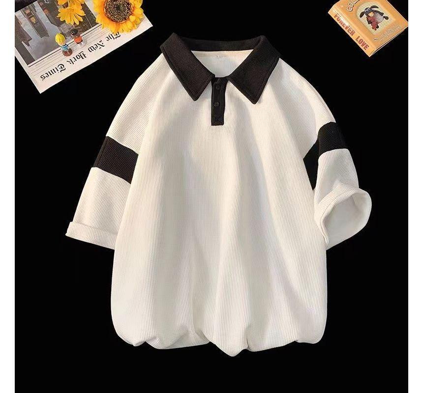 Set: Short-Sleeve Two Tone Panel Polo Shirt + Drawstring Waist Sweat Shorts Product Image