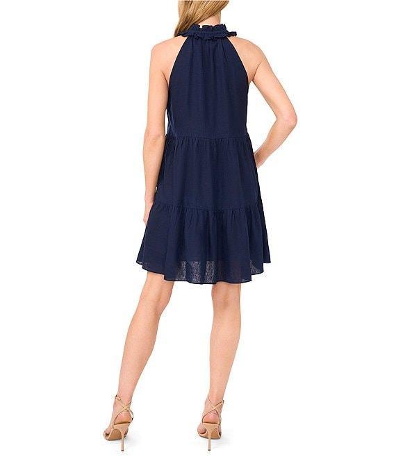 CeCe Woven Linen Blend Split Round Ruffle Neck Sleeveless Button Tie Front Tiered Dress Product Image