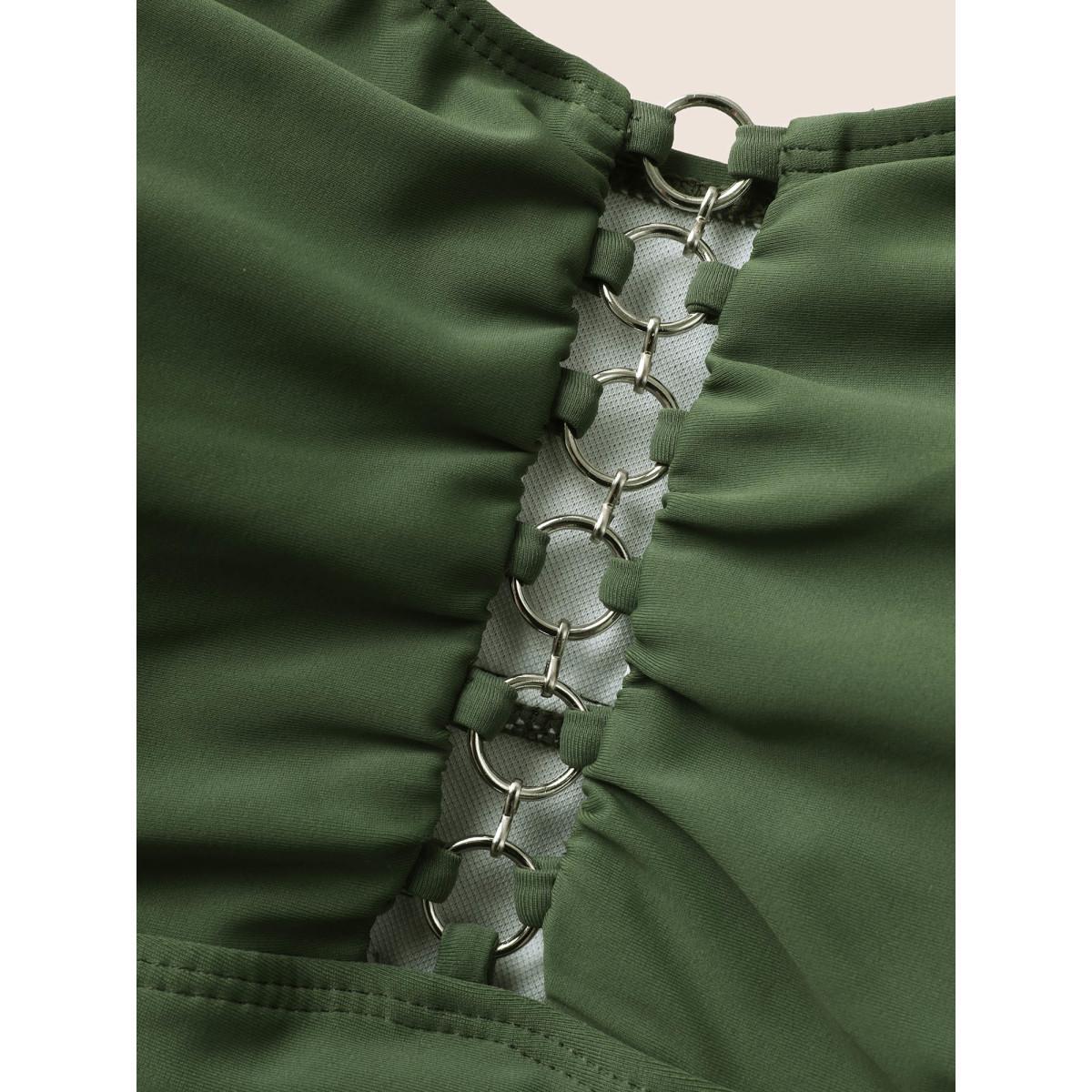 Plus Size Solid O Ring Buckle Detail Ruffle Trim Swim Dress Women's Swimwear Moss Beach Bodycon Heart neckline High stretch Curve Swim Dresses BloomChic 12/L Product Image