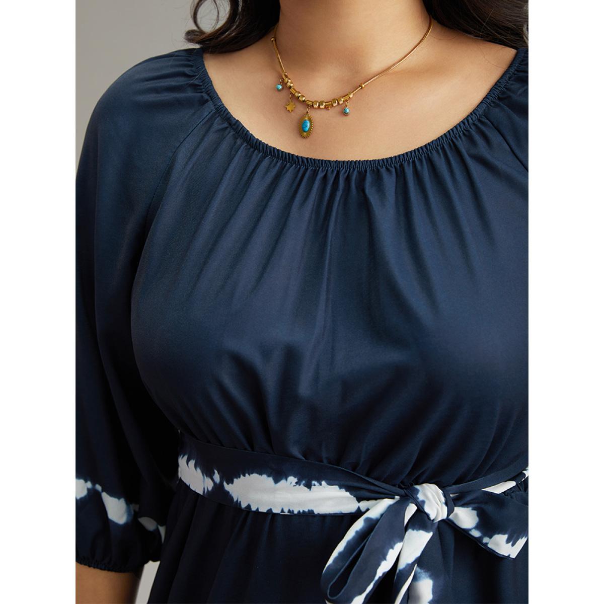 Plus Size Tie Dye Gathered Belted Lantern Sleeve Dress DarkBlue Women Vacation Elastic cuffs Round Neck Elbow-length sleeve Curvy Midi Dress BloomChic 14-16/1X Product Image