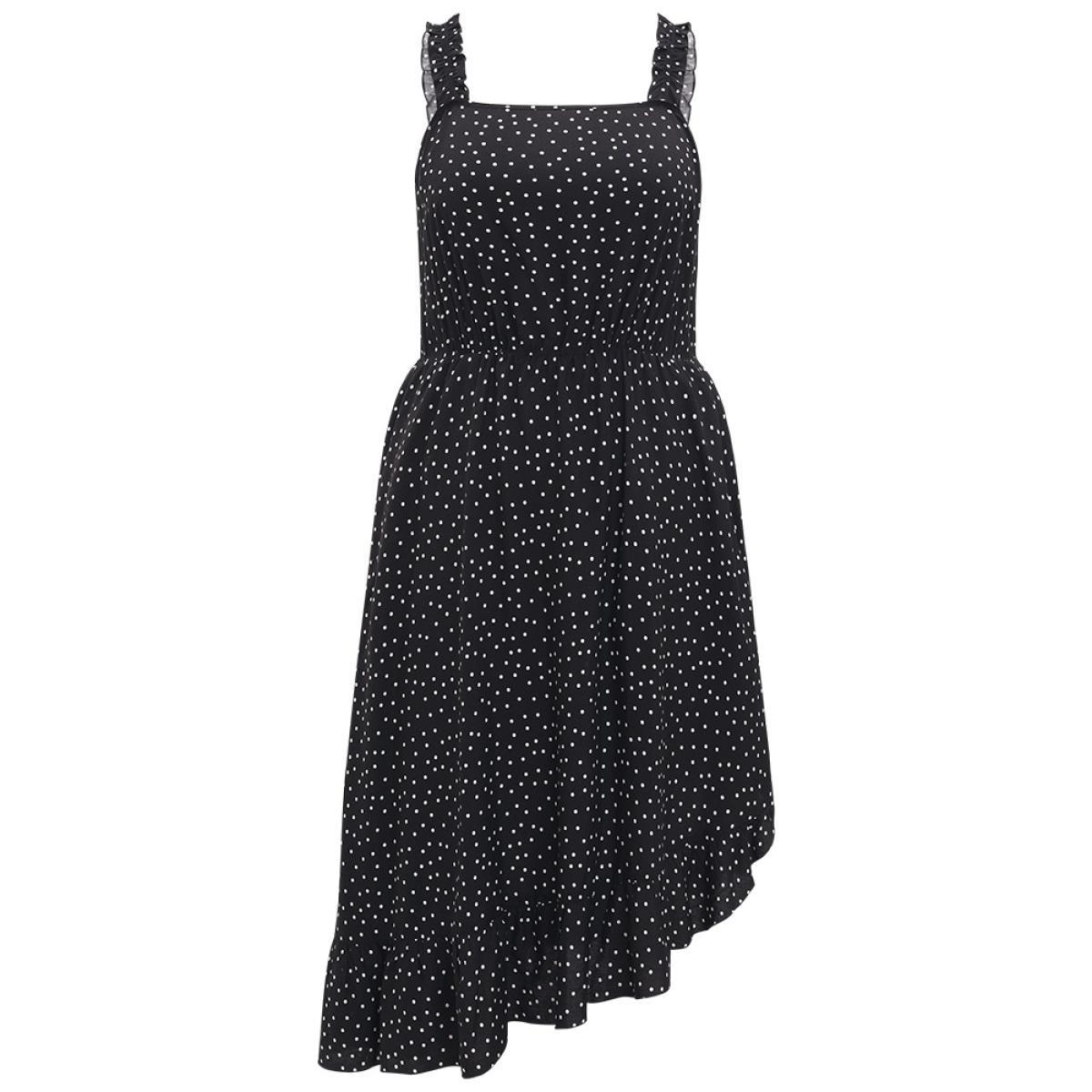 Plus Size Polka Dot Square Neck Ruffle Asymmetrical Hem Cami Dress Black Women Elegant Gathered Spaghetti Strap Sleeveless Curvy Midi Dress BloomChic 10/M Product Image