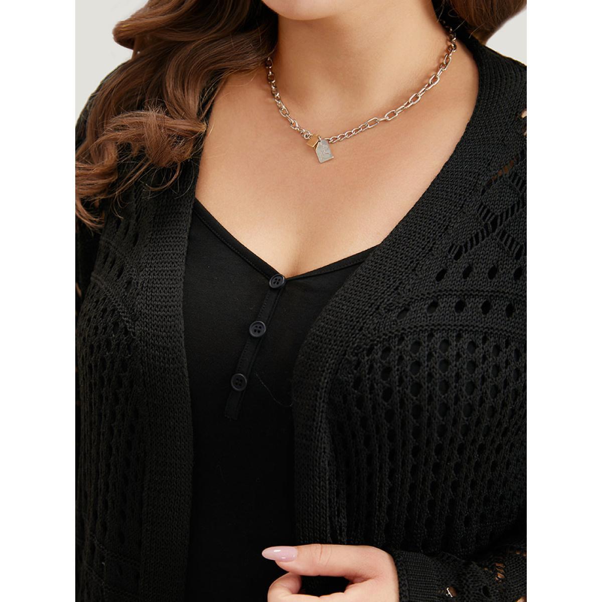 Plus Size Solid Geometric Eyelet Batwing Sleeve Elastic Cuffs Cardigan Black Women Basics Loose Long Sleeve Everyday Cardigans BloomChic 10/M Product Image