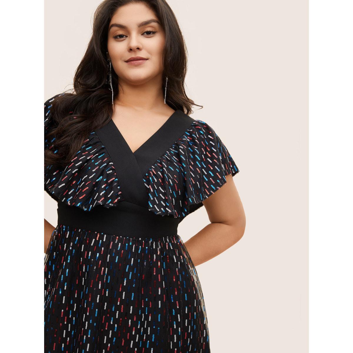Plus Size Sequin Patchwork Pocket Flutter Cap Sleeve Dress Black Women Cocktail See through V-neck Cap Sleeve Curvy Midi Dress BloomChic 30/6X Product Image