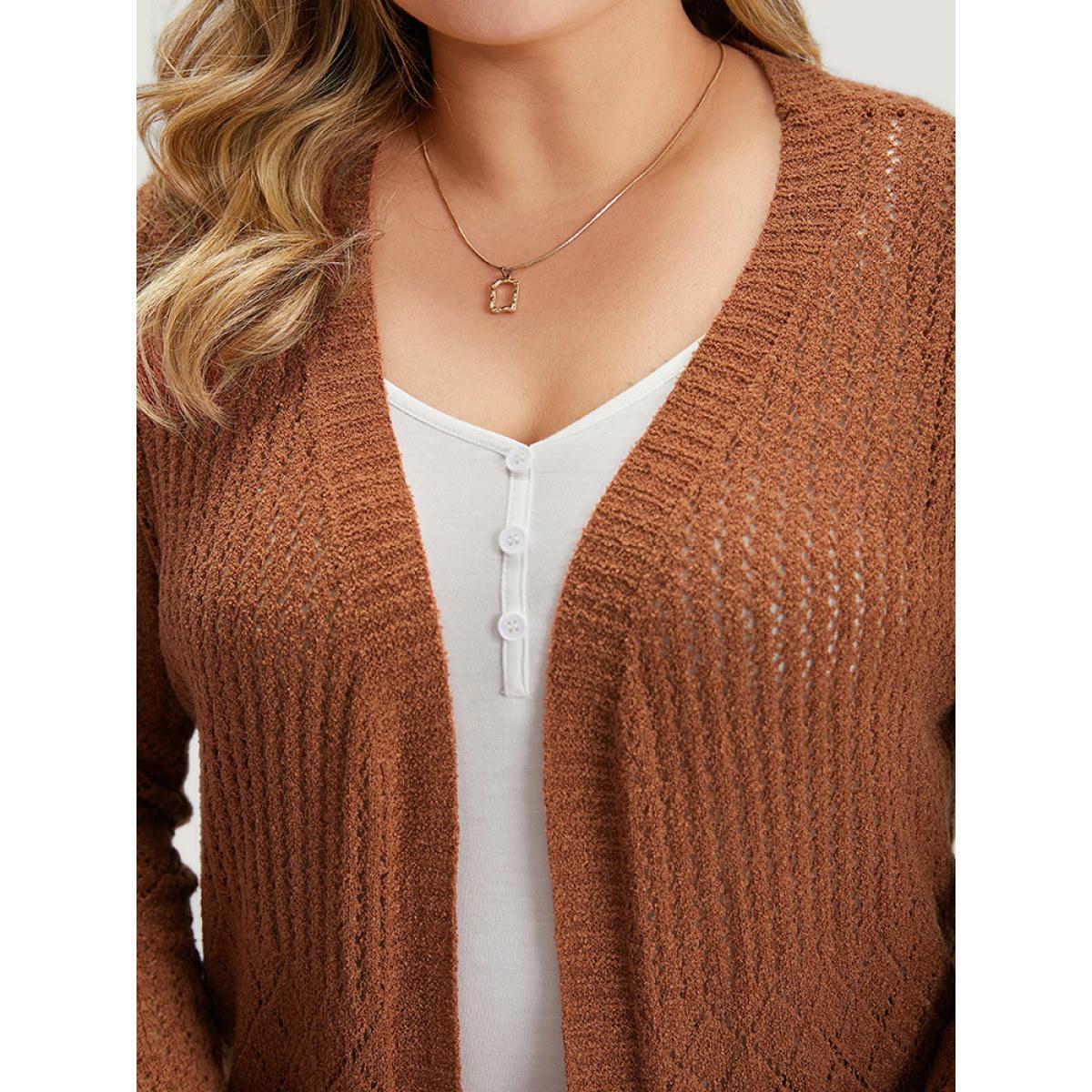 Plus Size Solid Geometric Hollow Out Open Front Cardigan Chocolate Women Casual Long Sleeve Dailywear Cardigans BloomChic 30/6X Product Image