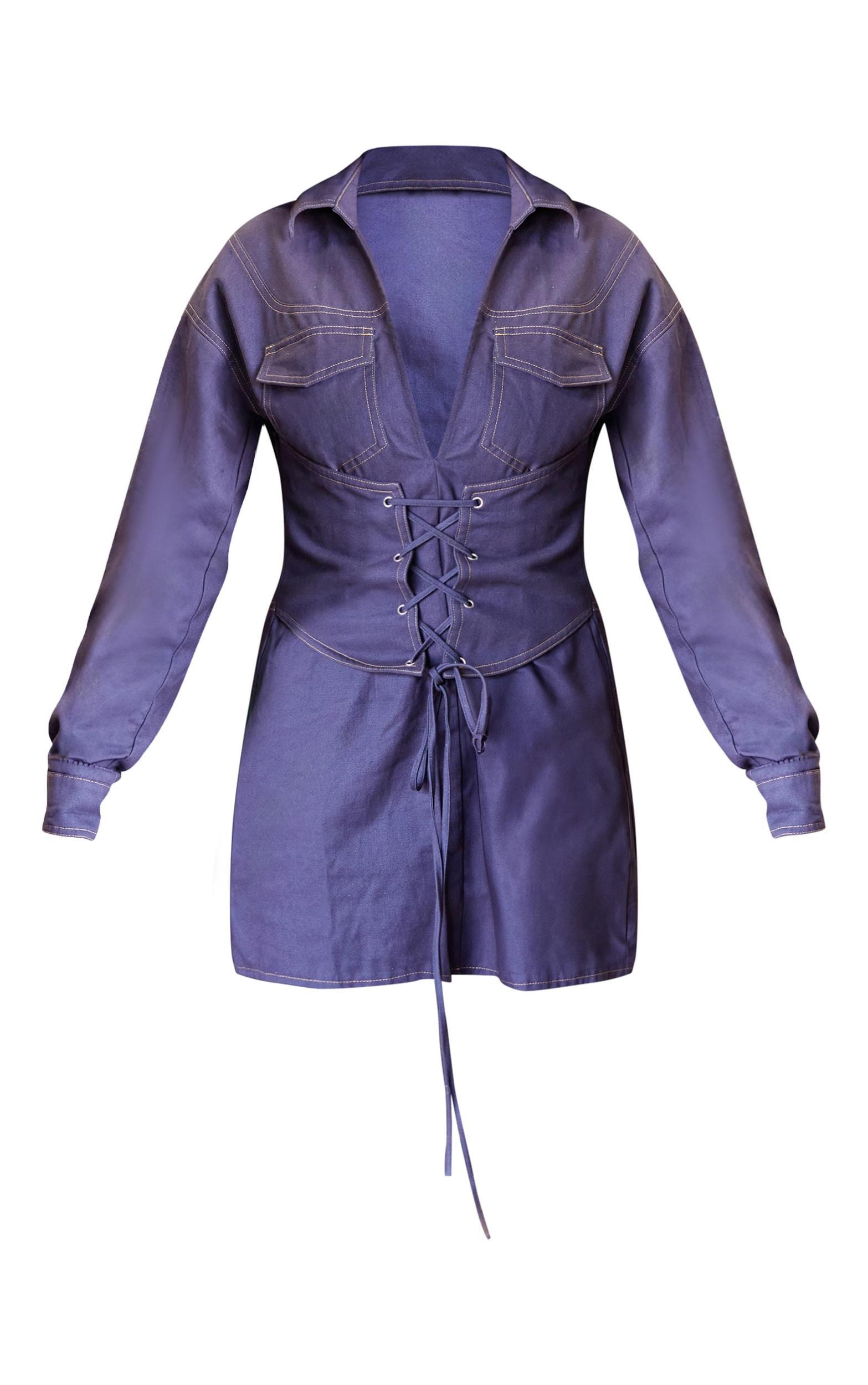 Dark Blue Contrast Stitch Denim Look Corset Shirt Dress Product Image