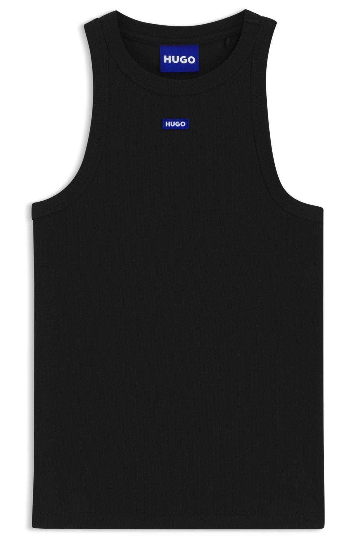 HUGO - Slim-fit stretch-cotton top with blue logo badge - Black Product Image