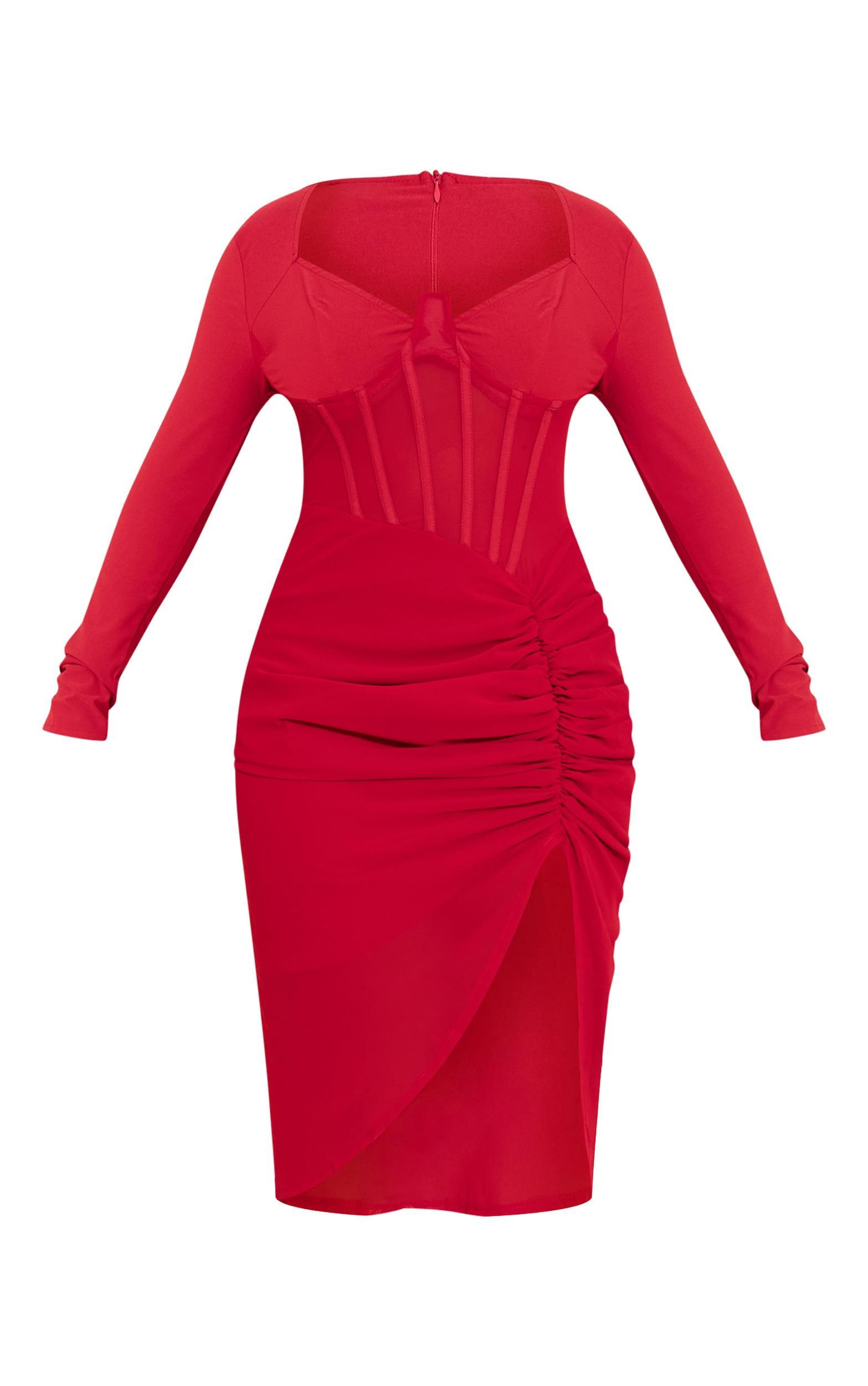 Shape Red Corset Detail Long Sleeve Ruched Midi Dress Product Image