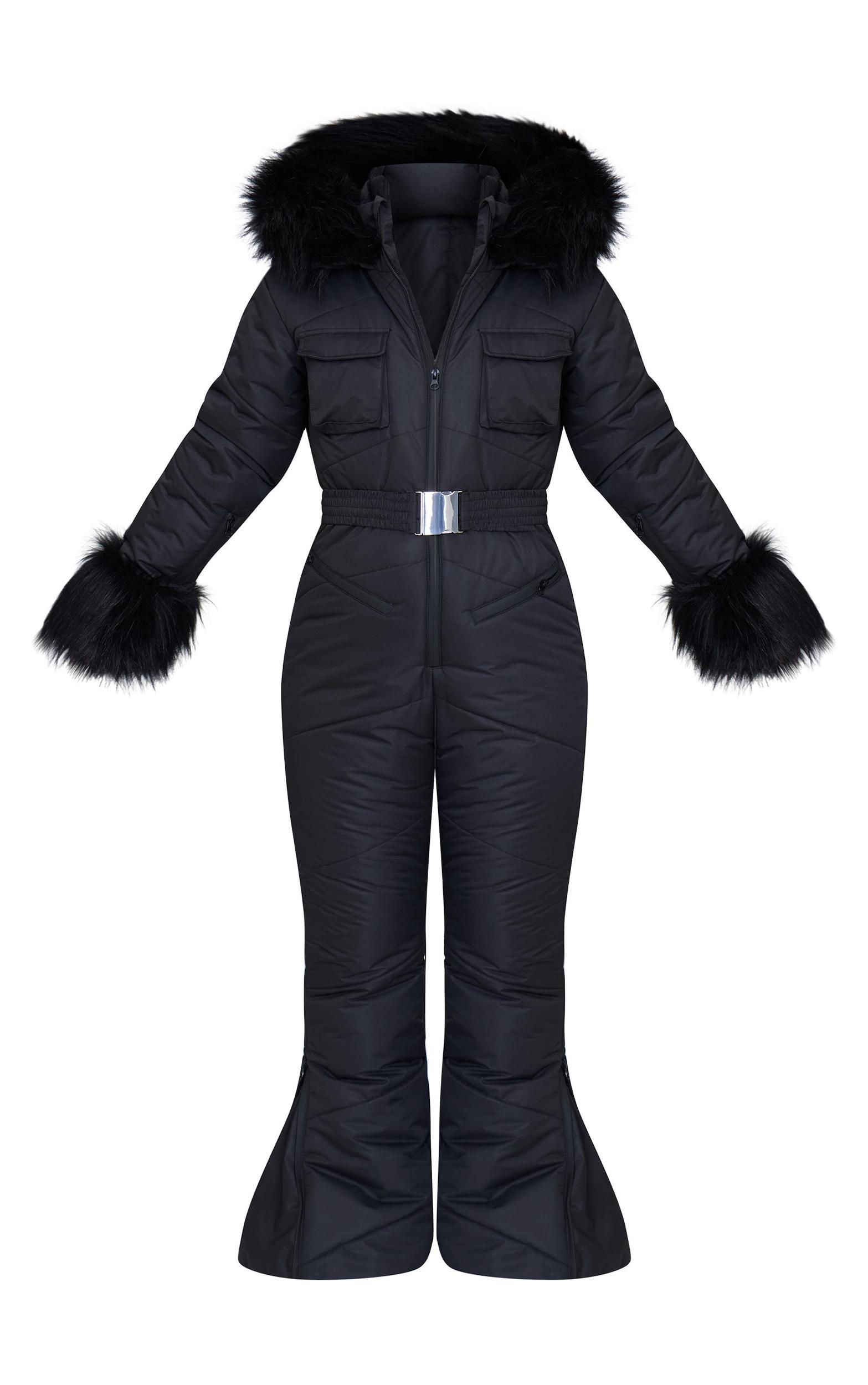 PRETTYLITTLETHING SKI Black Faux Fur Trim Heart Detail Belted Snow Suit Product Image