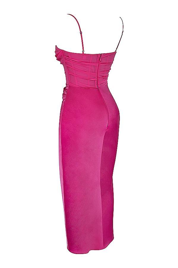 Teia Hot Pink Draped Corset Midi Dress Product Image
