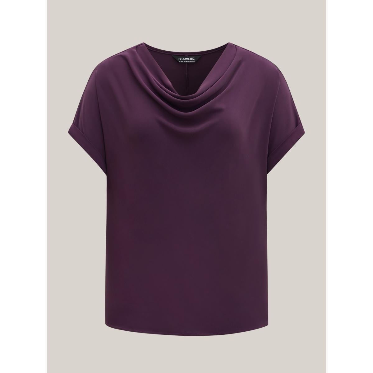 Plus Size Plum Cowl Neck Plain Dolman Sleeve Blouse Women Short sleeve Cowl Neck Work Blouses BloomChic 10/M Product Image