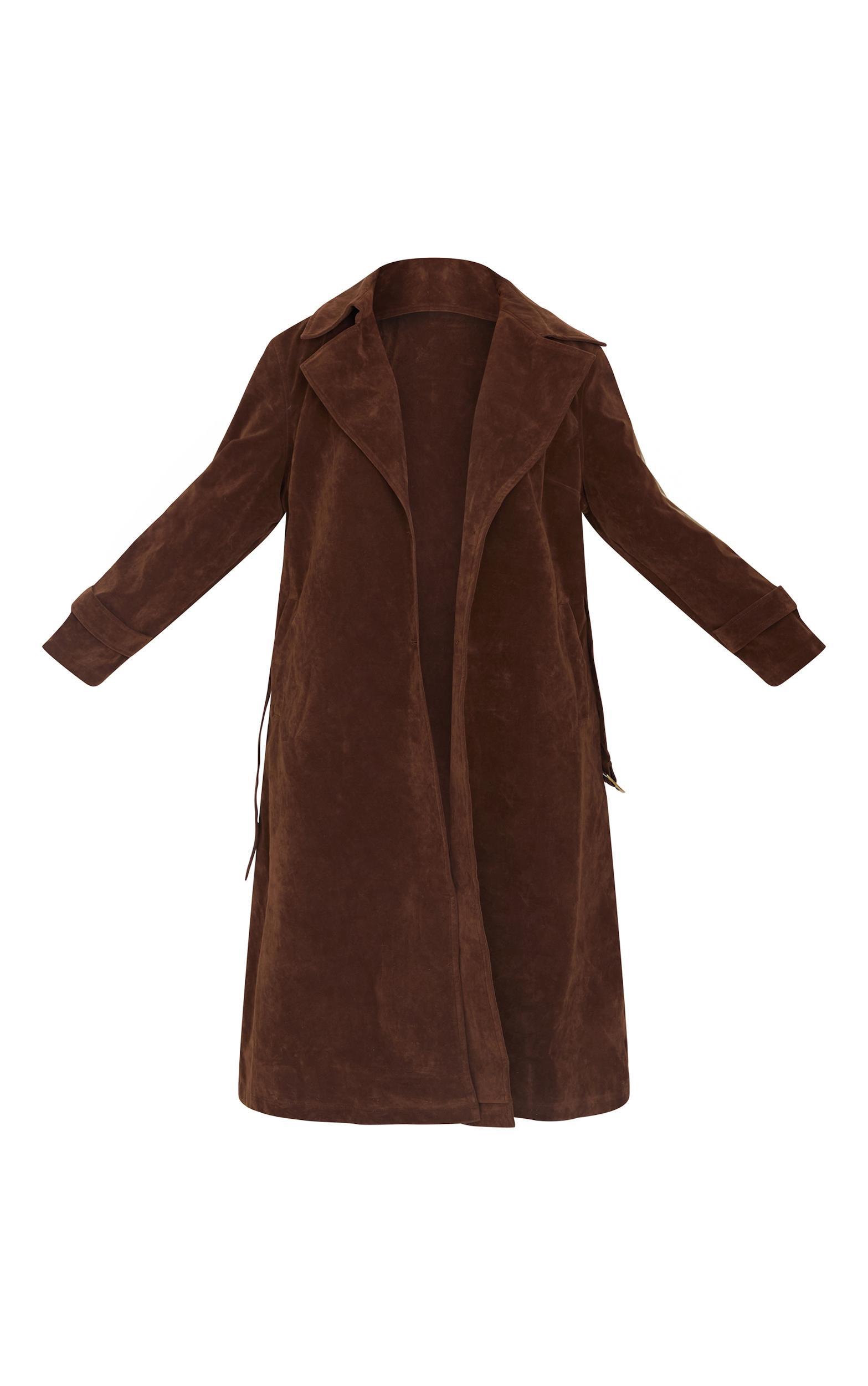 Plus Chocolate Faux Suede Belted Trench Coat Product Image