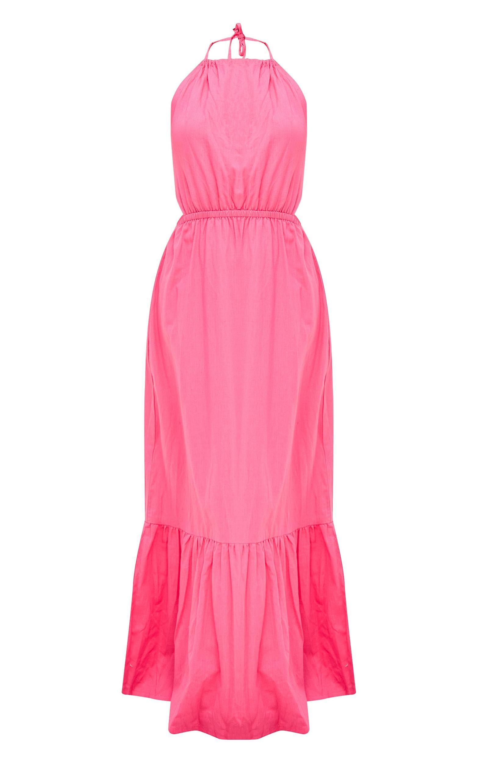 Bright Pink Linen Look Halterneck Backless Maxi Dress Product Image