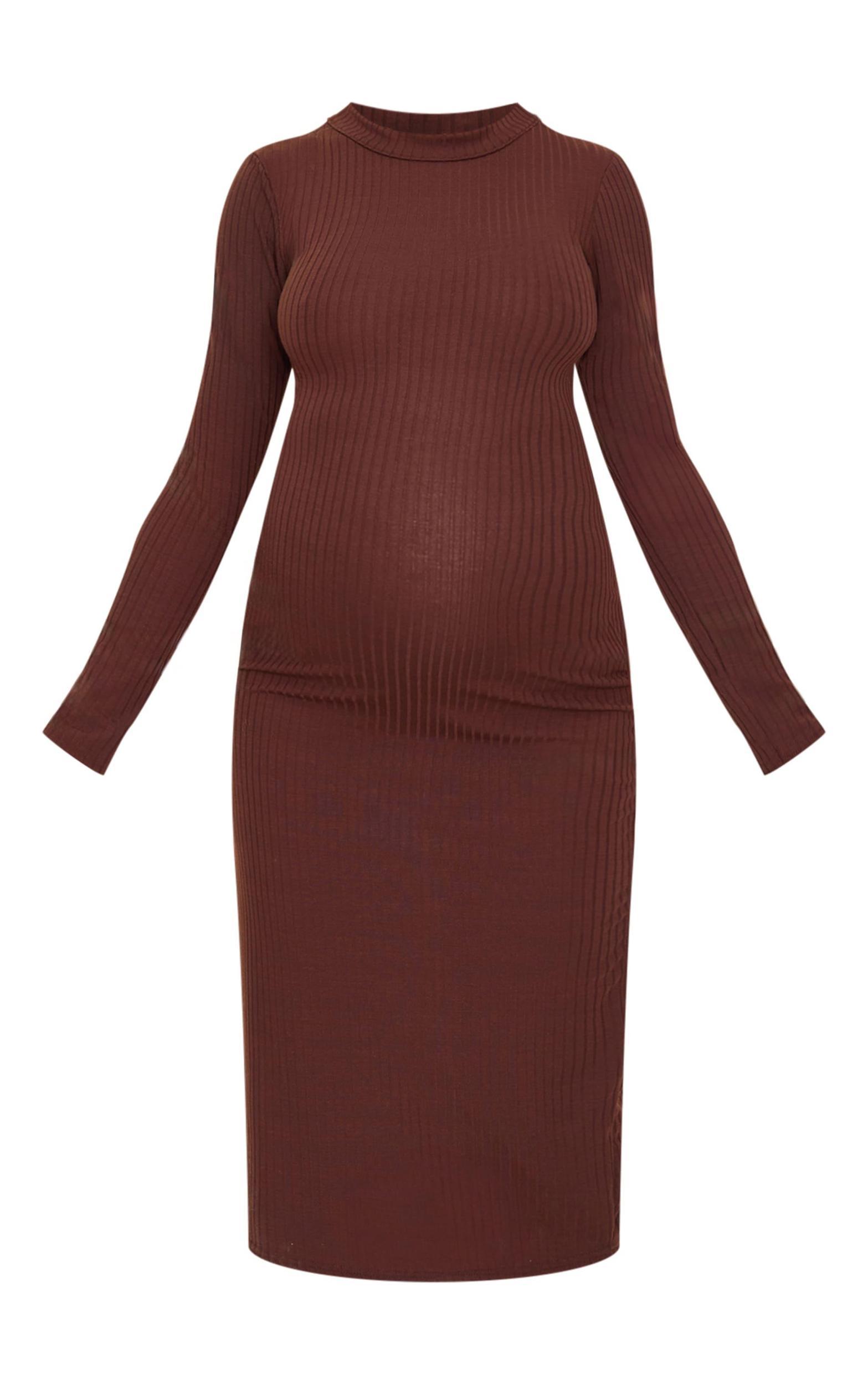 Maternity Dark Chocolate Ribbed Long Sleeve Midi Dress Product Image