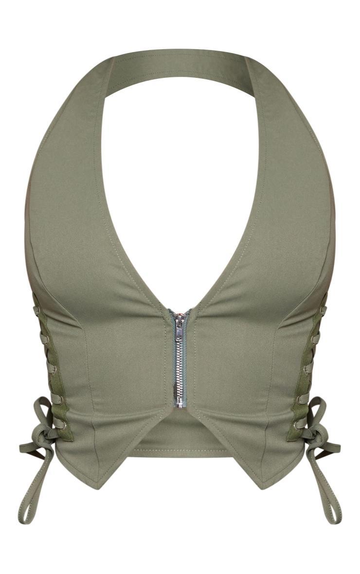 Light Khaki Cargo Lace Up Side Zip Up Crop Top Product Image