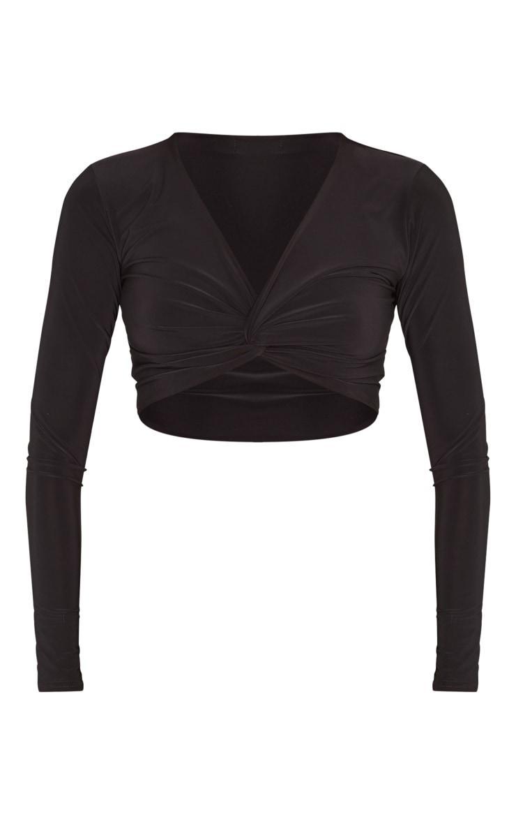 Black Slinky Long Sleeve Twist Front Crop Top Product Image