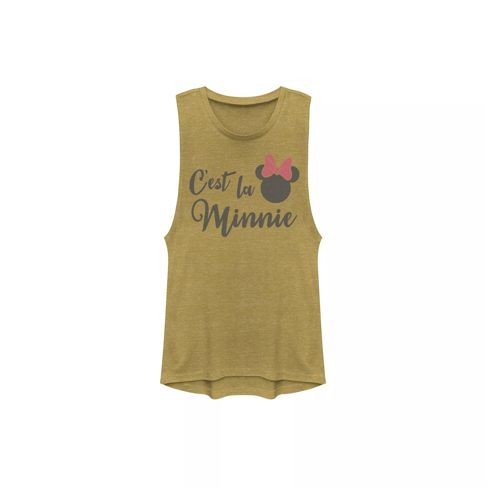 Disneys Mickey And Friends Cest La Minnie Text Juniors Muscle Graphic Tank Top, Girls Gold Grey Product Image