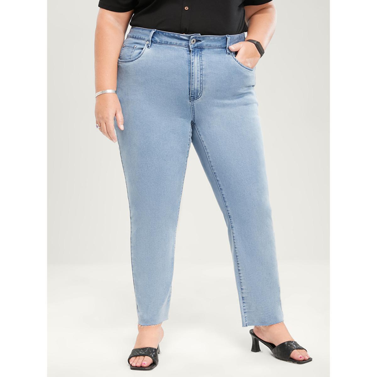 Plus Size Skinny Very Stretchy High Rise Light Wash Pocket Patchwork Jeans Women LightBlue Casual Plain Asymmetrical High stretch Pocket Jeans BloomChic 20/2X Product Image