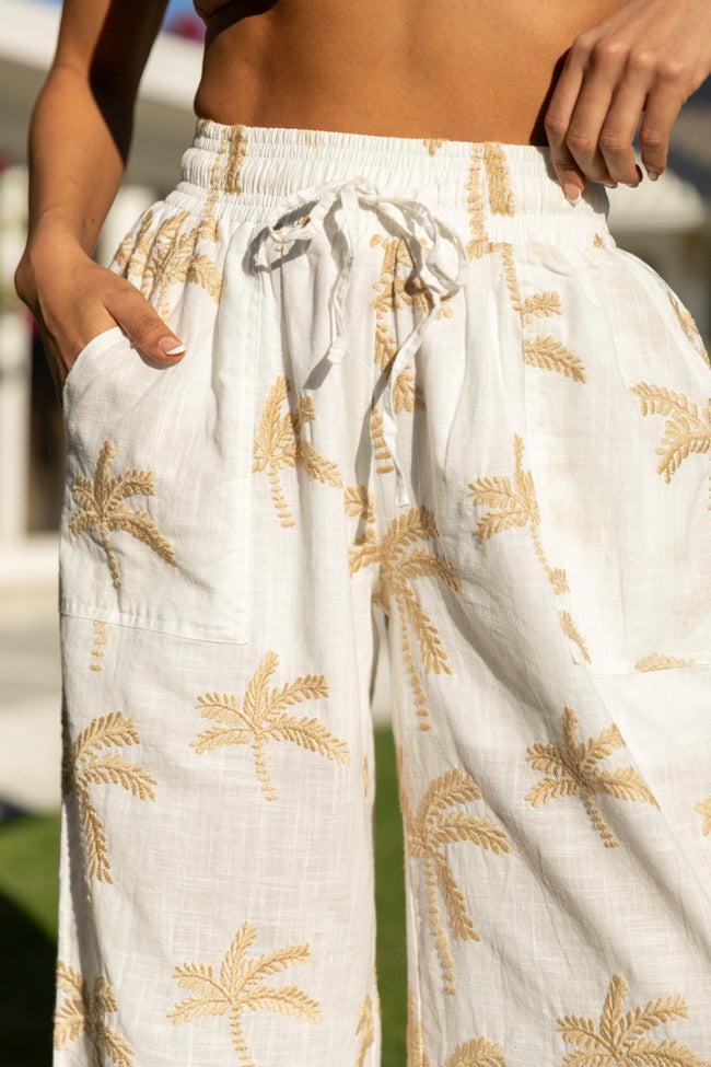 Palm Tree Paradise Ivory Embroidered Beach Pants FINAL SALE Product Image