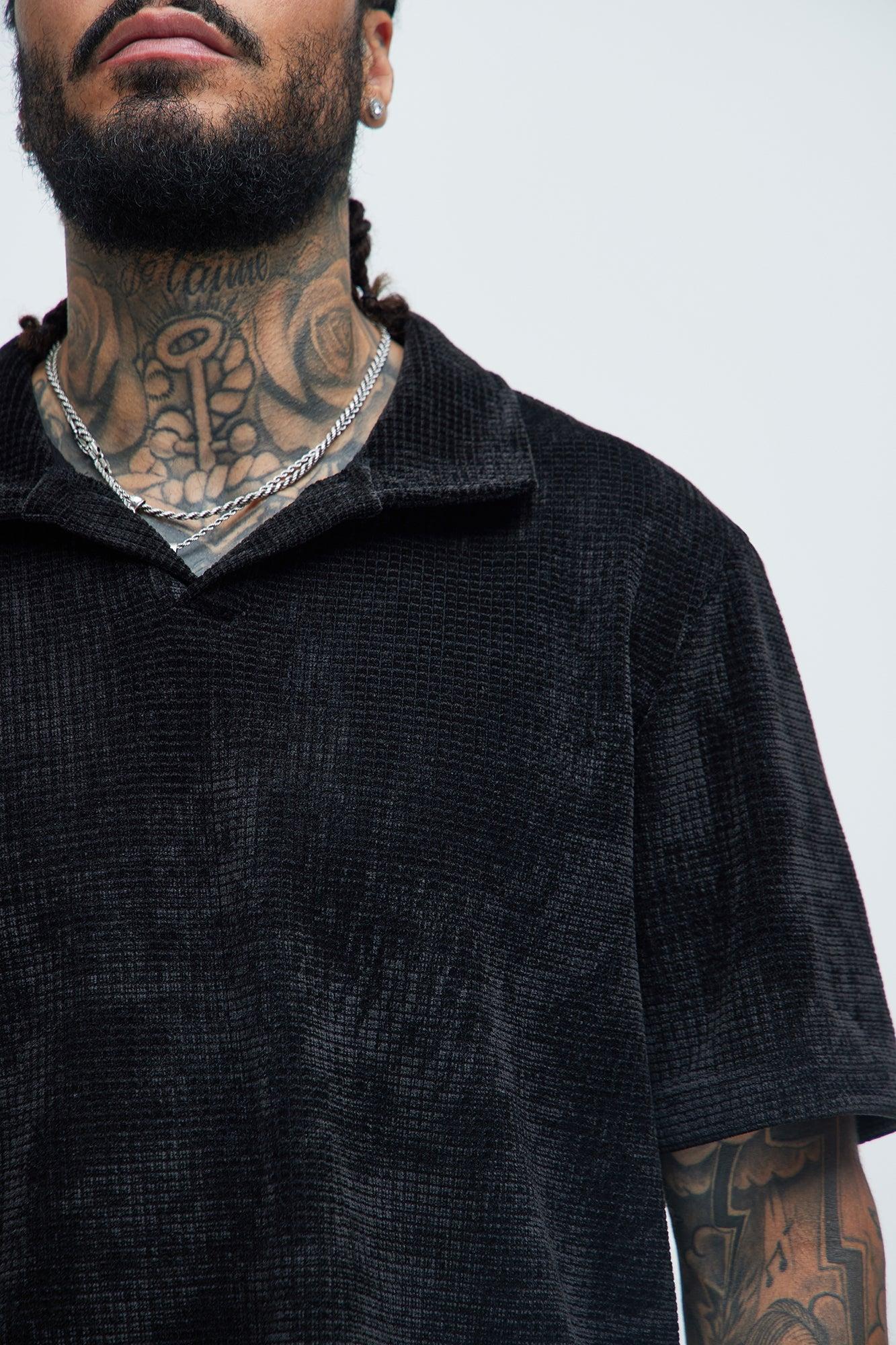 Greenville Waffle Knit Johnny Collar Short Sleeve Polo - Black Product Image