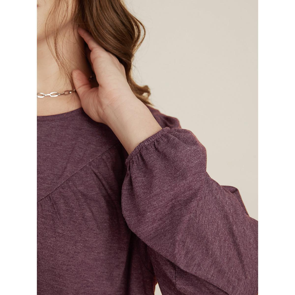 Plus Size DustyPink Solid Round Neck Gathered Lantern Sleeve Blouse Women Elegant Long Sleeve Round Neck Dailywear Blouses BloomChic 22-24/3X Product Image