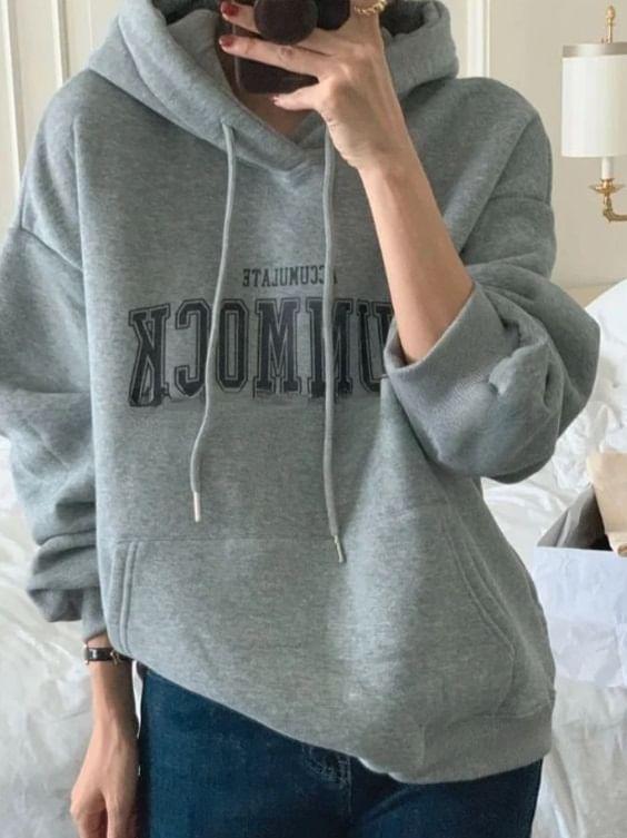 Long Sleeve Lettering Print Loose-Fit Hooded Sweatshirt Product Image