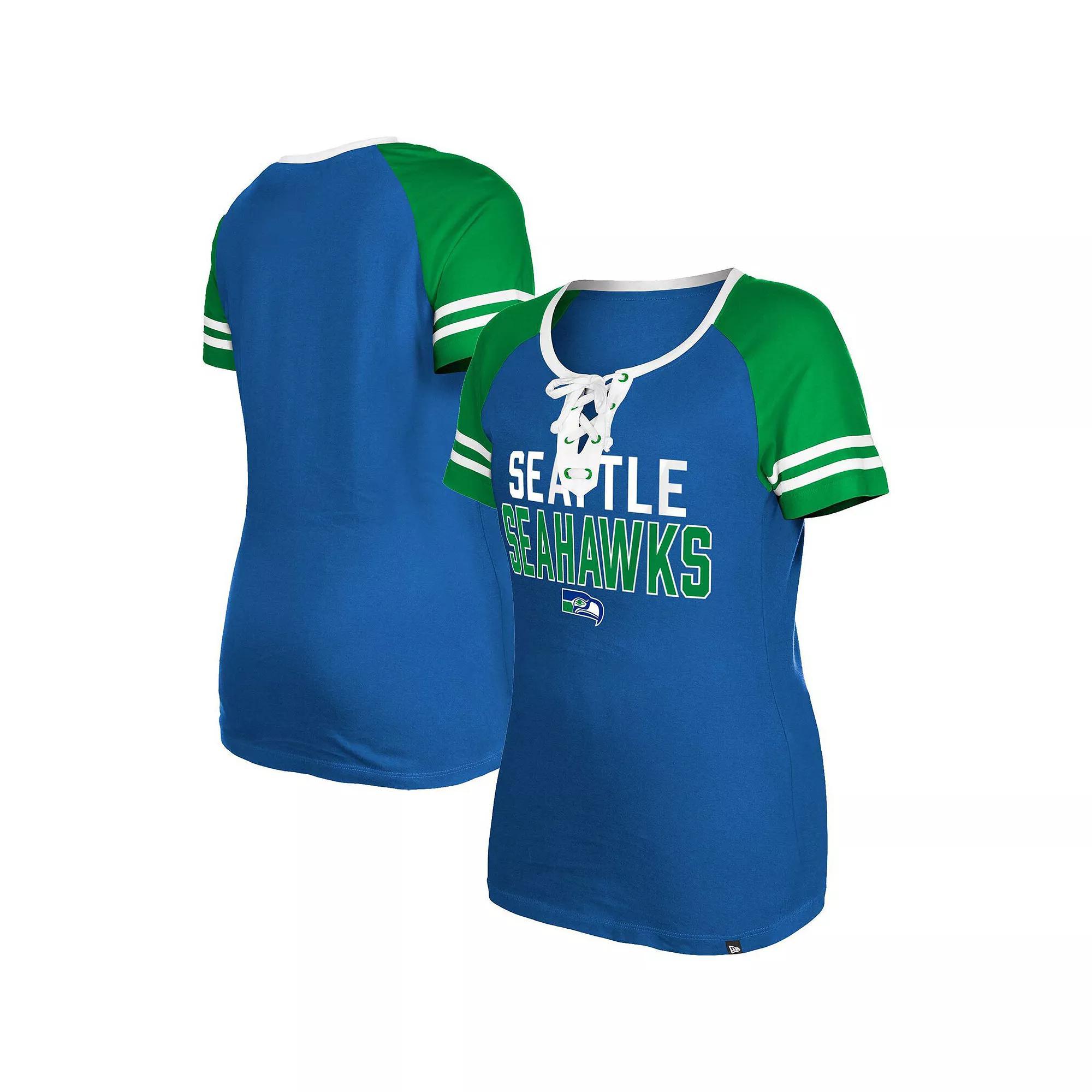 Women's New Era College Navy Seattle Seahawks Raglan Lace-Up T-Shirt, Size: Large, Blue Product Image