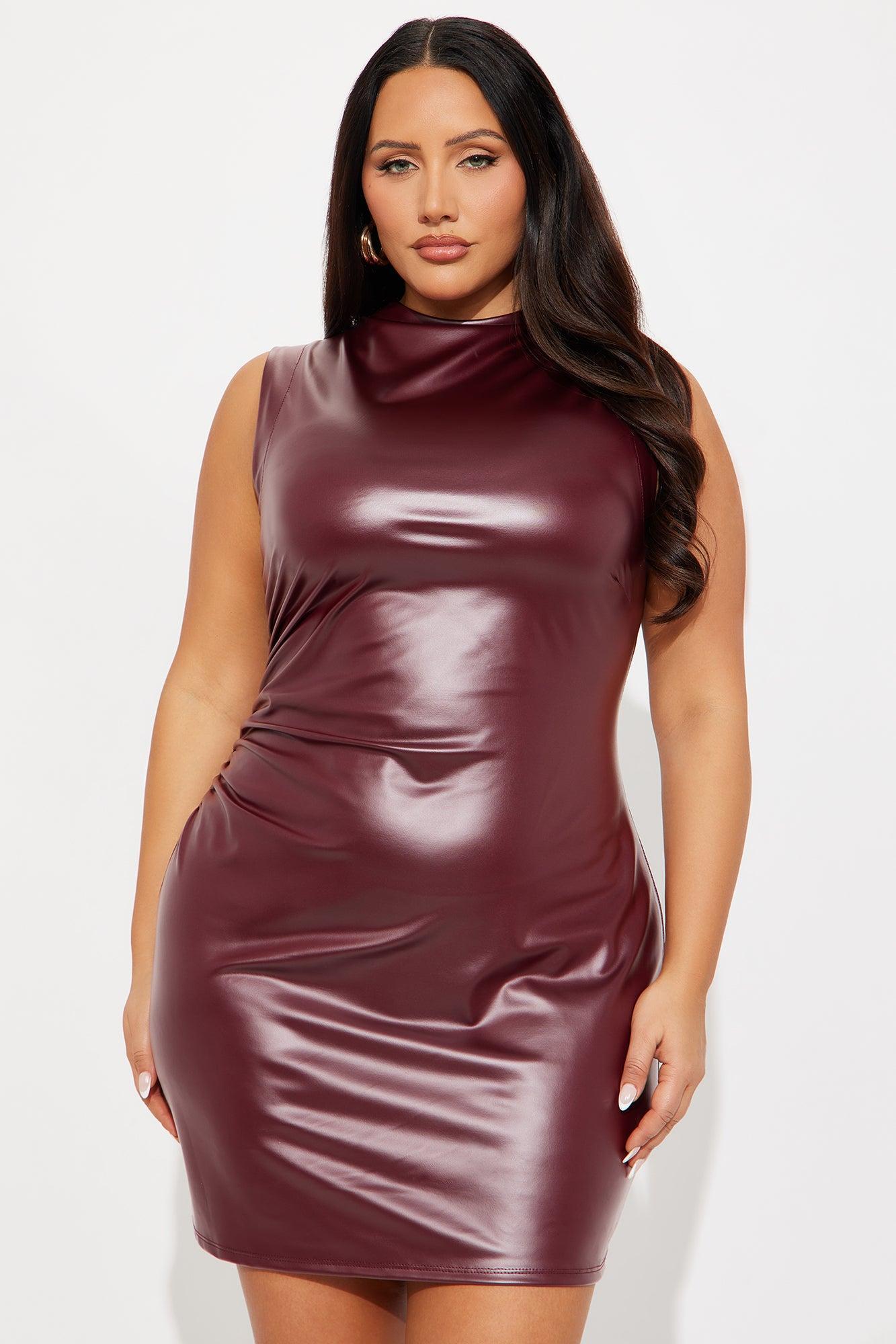 Ashley Ruched Faux Leather Mini Dress - Wine Product Image