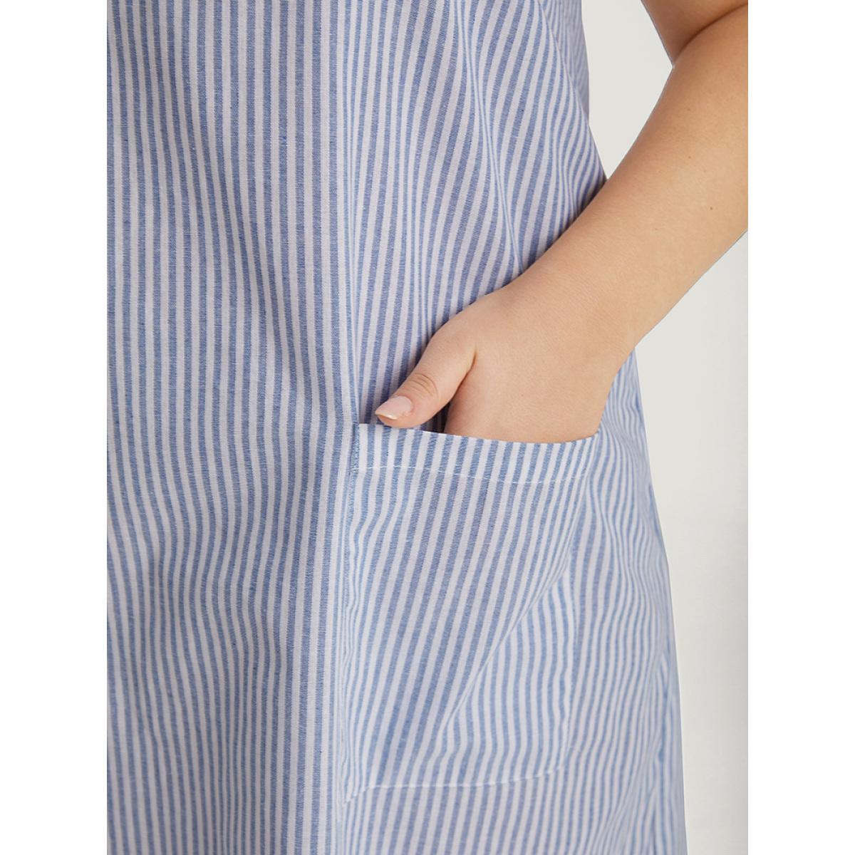 Plus Size Striped Patched Pocket Adjustable Button Dress LightBlue Women Casual Adjustable Straps Round Neck Sleeveless Curvy Knee Dress BloomChic 22-24/3X Product Image