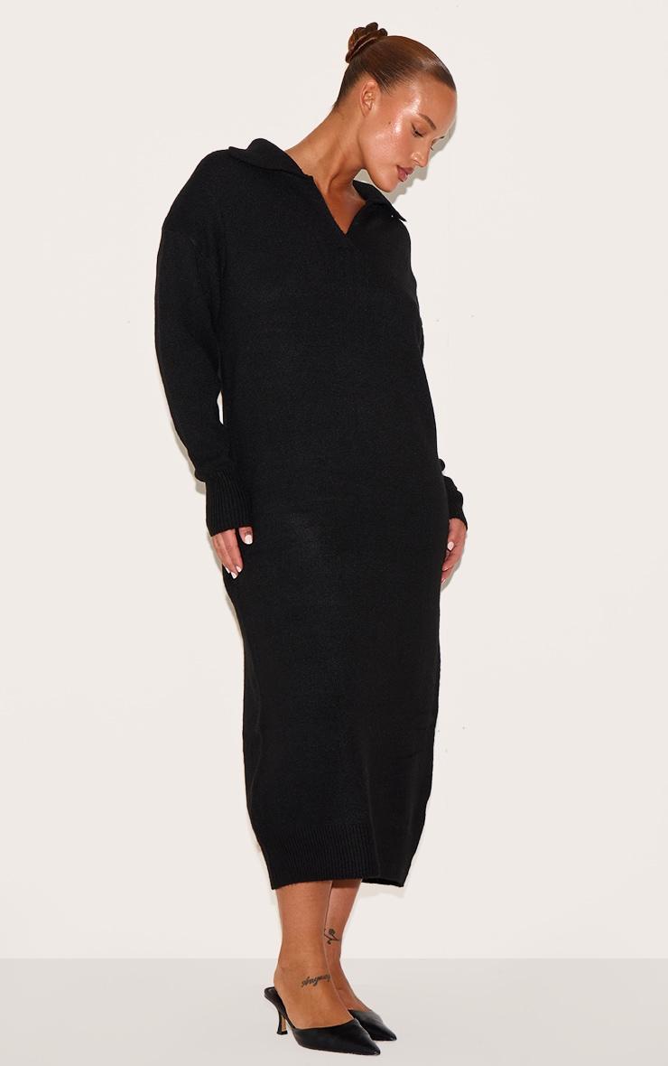 Plus Black Collar Detail Cosy Knitted Midaxi Dress Product Image