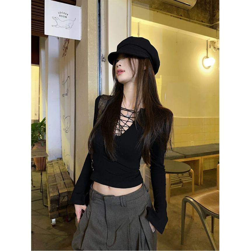 Long Sleeve V-Neck Plain Lace Up Top Product Image