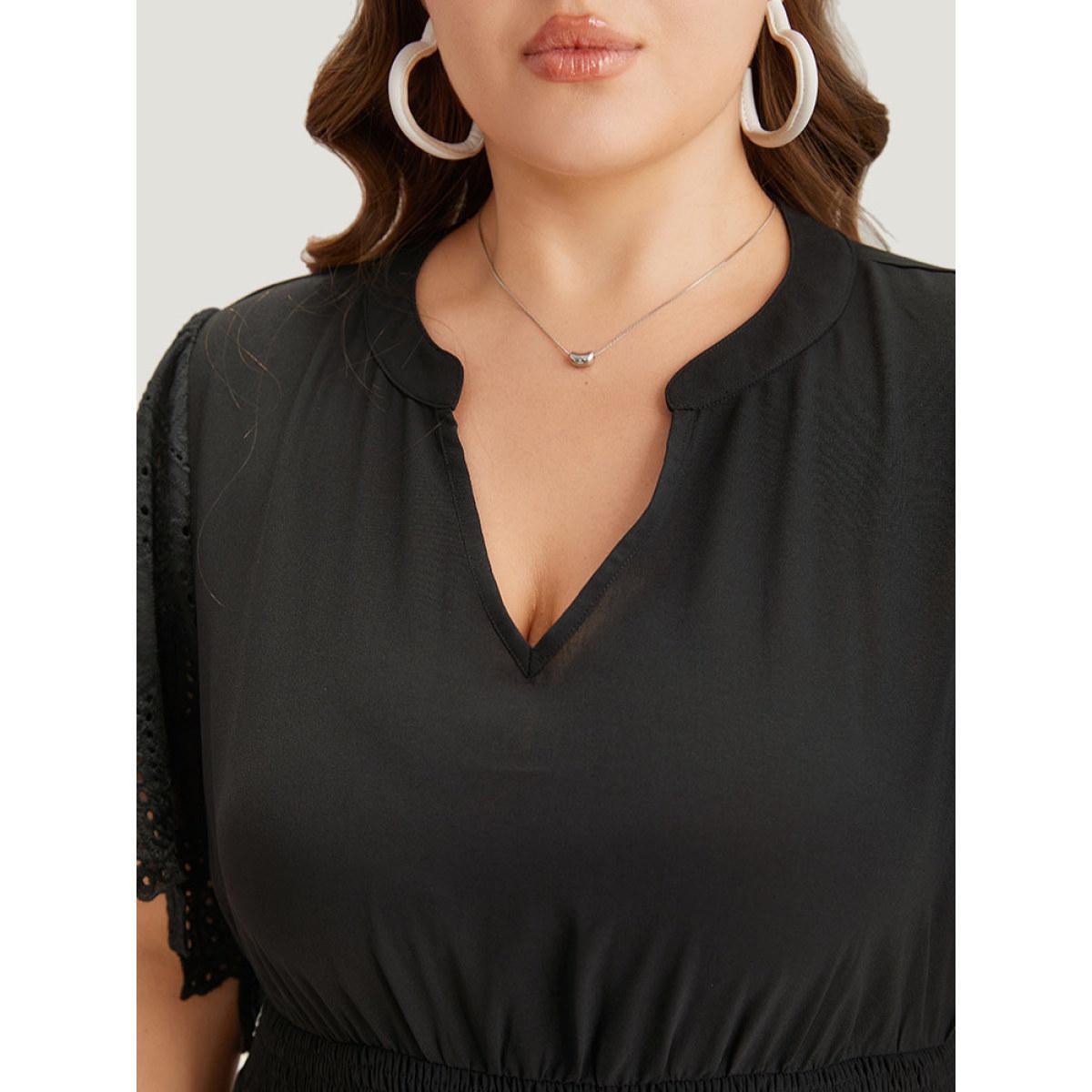 Plus Size Solid Laser Cut Pocket Notched Dress Black Women Elegant Plain Notched collar Short sleeve Curvy Midi Dress BloomChic 22-24/3X Product Image