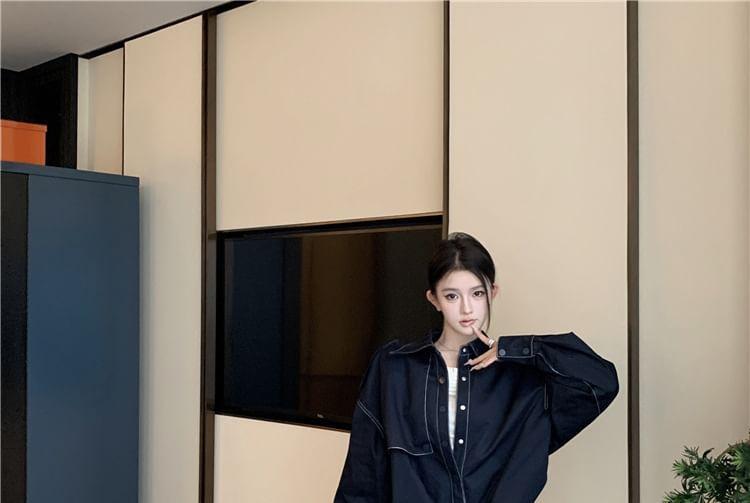 Lapel Collared Plain Patchwork Loose Shirt / Long-Sleeve Crew Neck Plain Top / Mid Rise Mini Skirt / Set Product Image