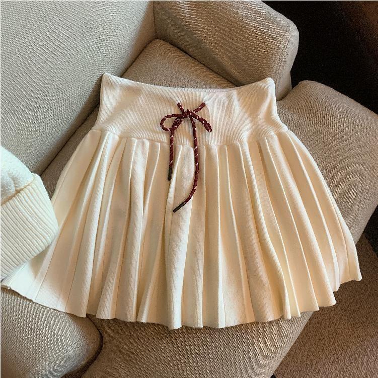 High Waist Plain Pleated Mini A-Line Knit Skirt Product Image