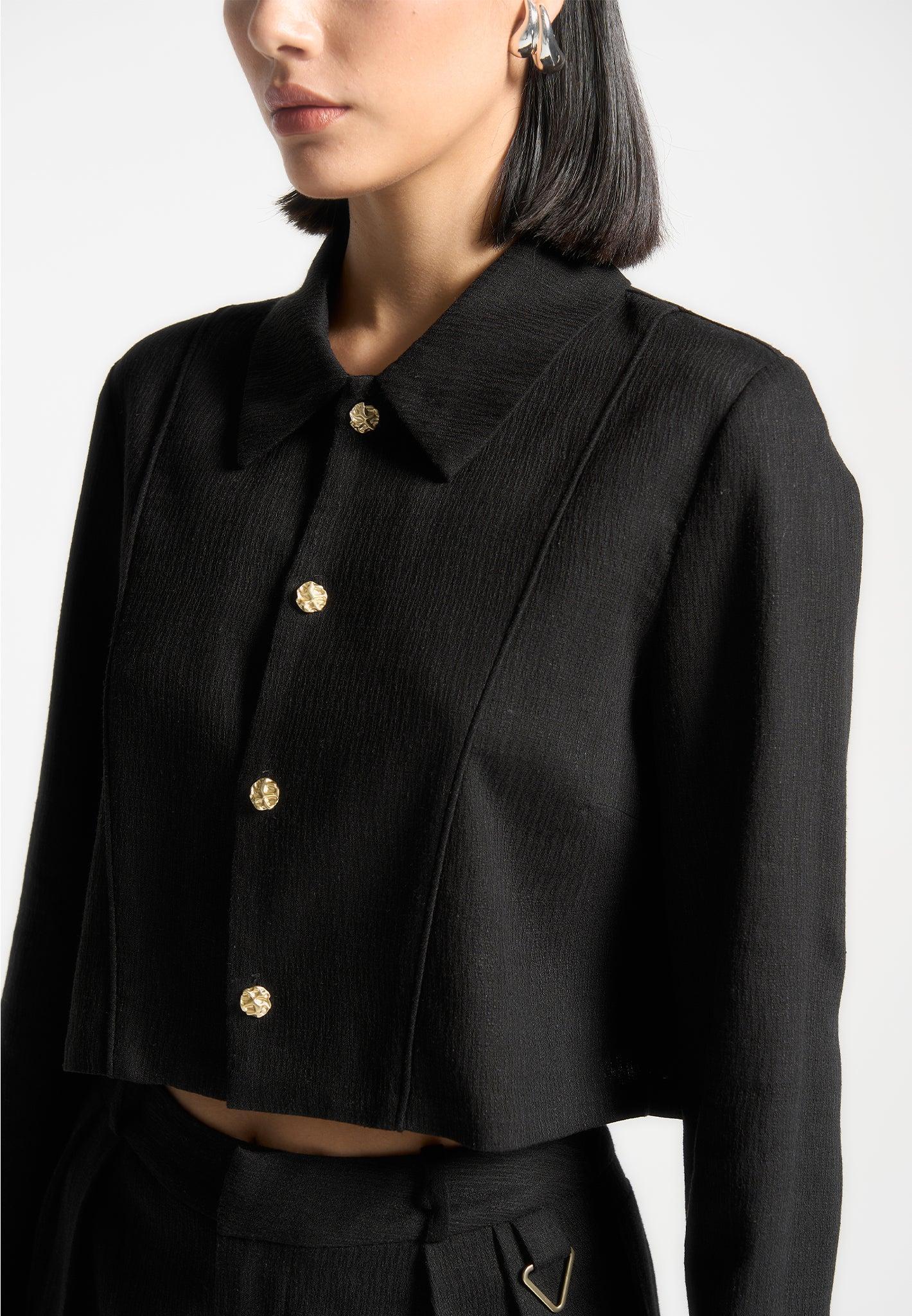 Linen Pintuck Cropped Shirt - Black Female Product Image