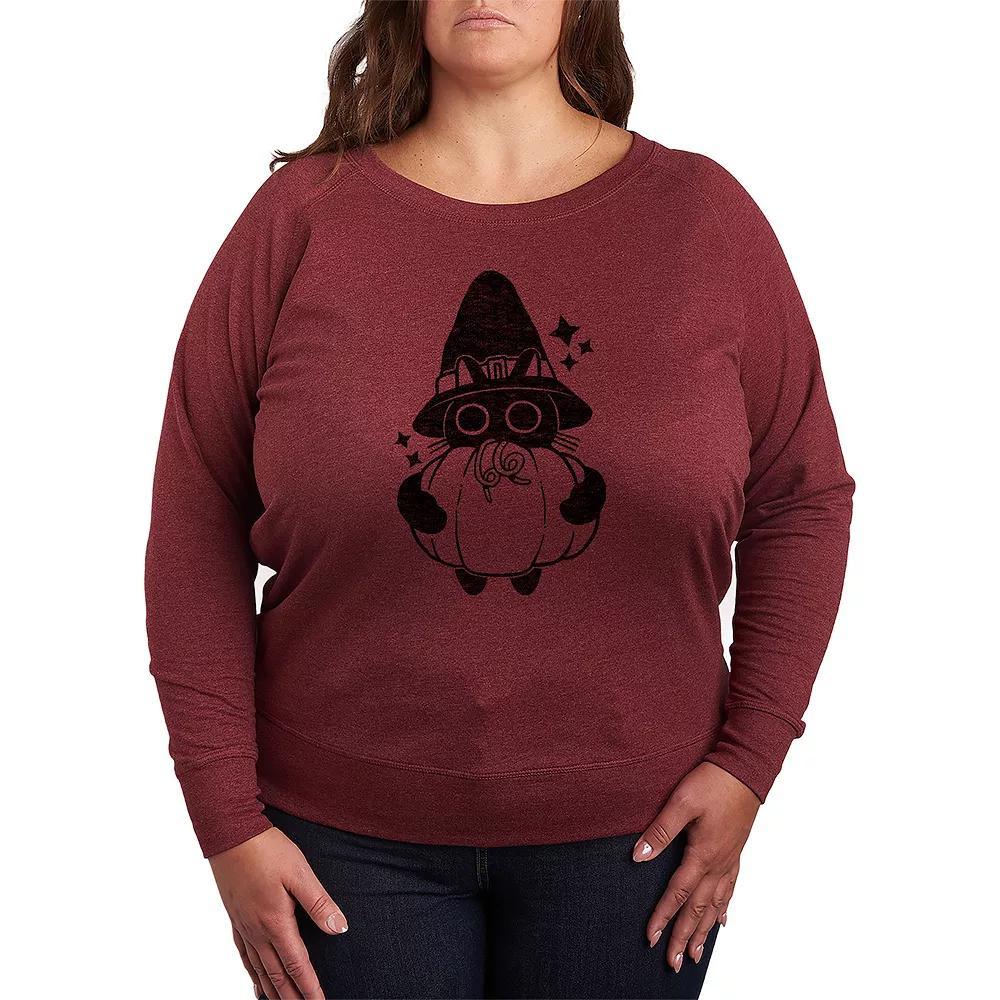 Plus Size Witch Cat With Pumpkin French Terry Long Sleeve Tee, Womens Grey Green Product Image