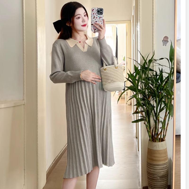 Maternity Long-Sleeve Collar Plain Pleated Hem Knit Midi A-Line Dress Product Image
