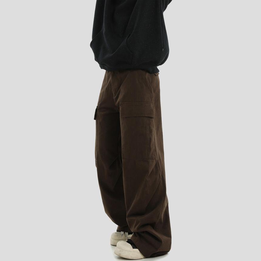 High Waist Plain Wide Leg Cargo Pants Product Image