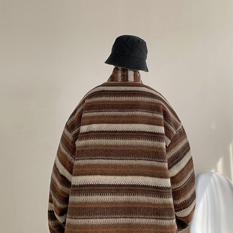 Drop Shoulder Round Neck Striped Button Jacket Product Image