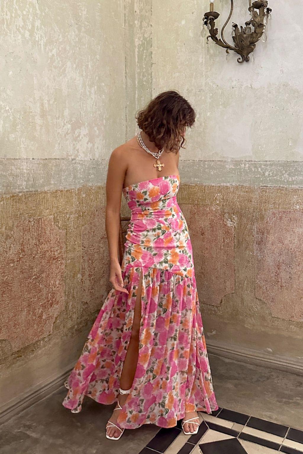 LaBelle Strapless Drop Waist Pink Floral Maxi Dress Product Image
