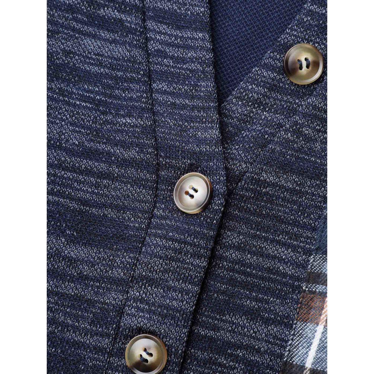 Plus Size Plaid Sleeve Button Up Patchwork Sweatshirt Women Indigo Casual Contrast Notched collar Everyday Sweatshirts BloomChic 14-16/1X Product Image