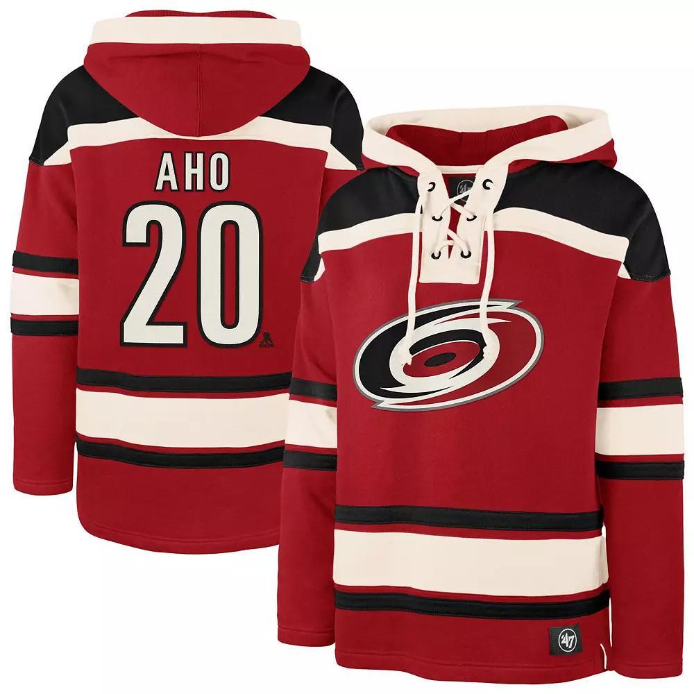 Men's '47 Sebastian Aho Red Carolina Hurricanes Player Name & Number Lacer Pullover Hoodie, Size: Medium Product Image
