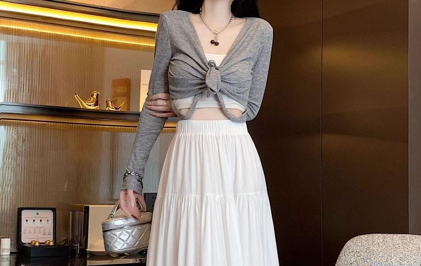 High Waist Plain Ruched Maxi A-Line Skirt Product Image