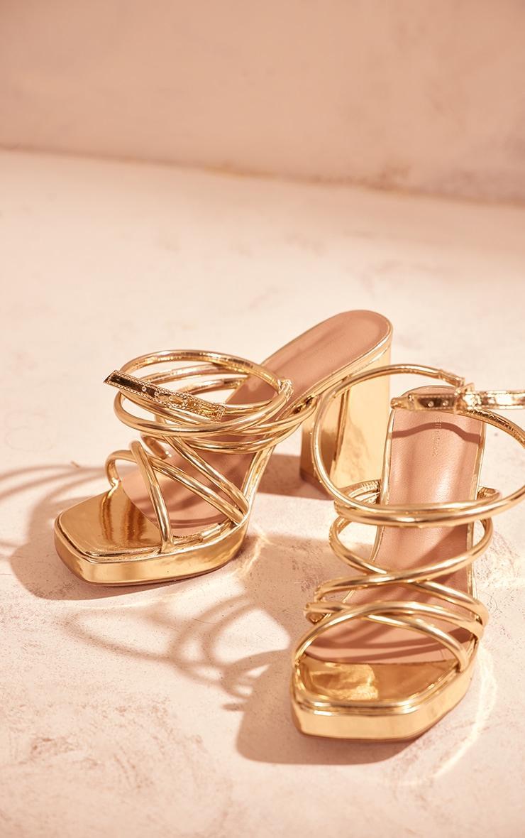 Gold PU Square Toe Tube Strap Platform Block Heeled Sandals Product Image