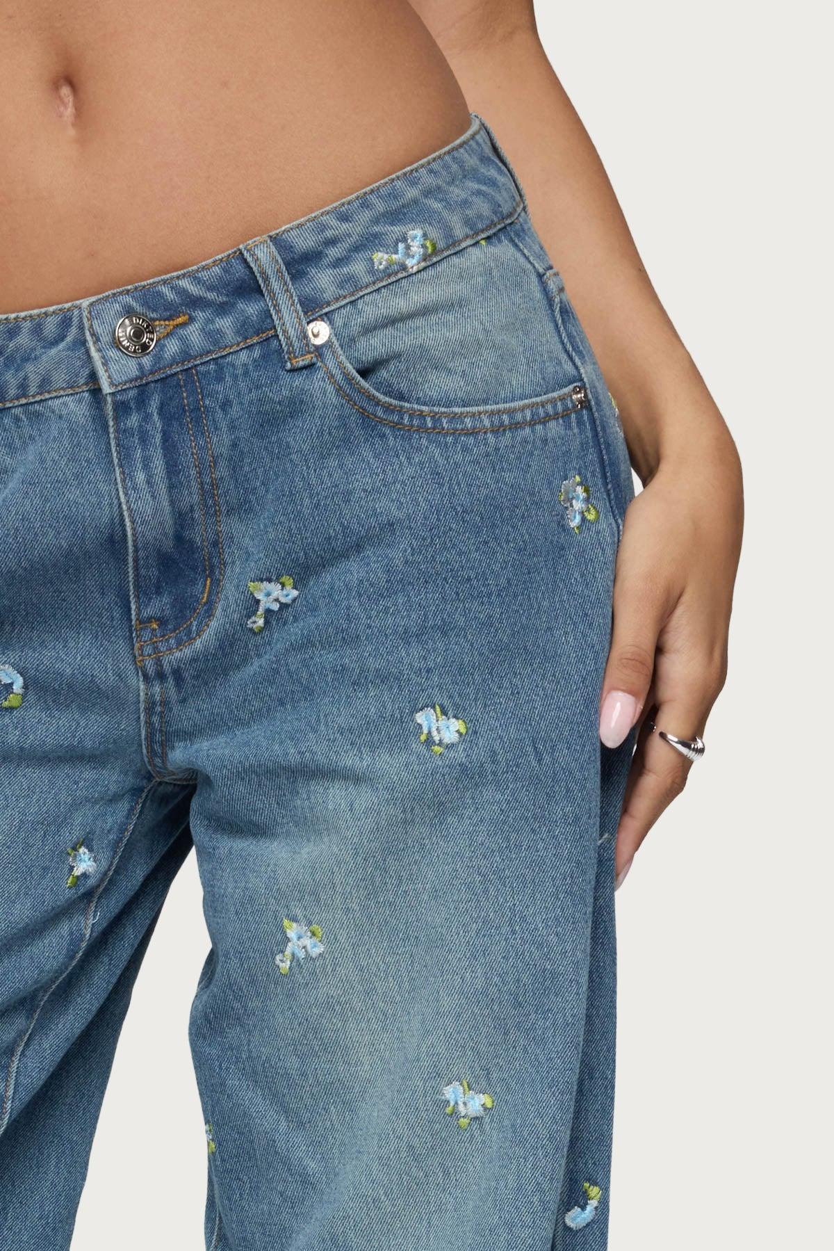 Edna Floral Embroidered Low Rise Jeans Product Image