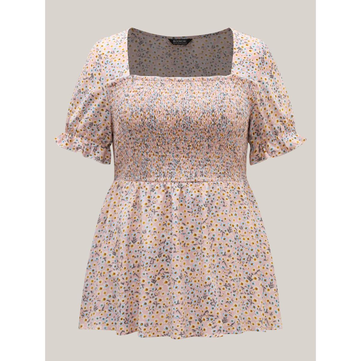 Plus Size MistyRose Floral Print Shirred Bodice Peplum Top Women Elegant Short sleeve Square Neck Everyday Blouses BloomChic 14-16/1X Product Image