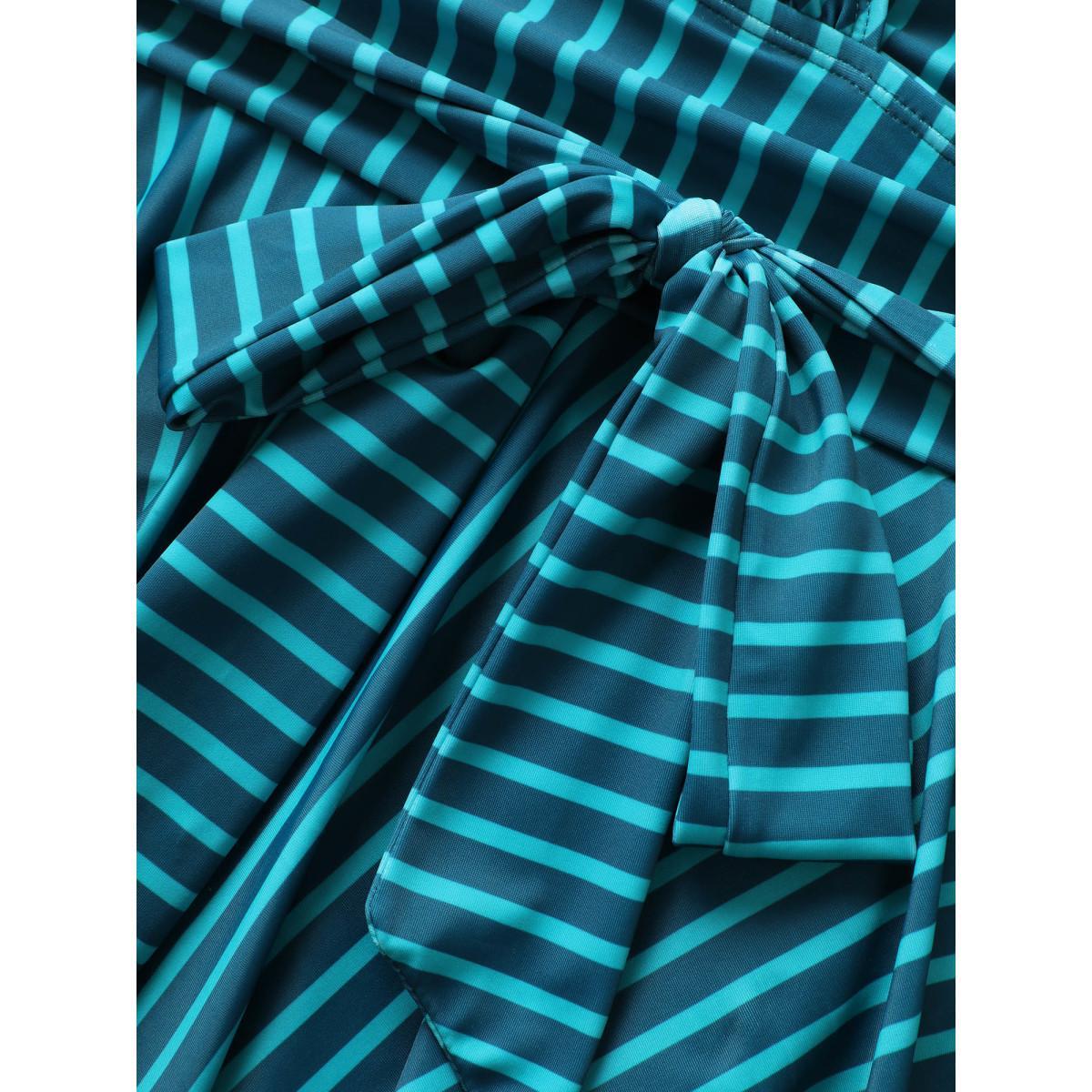 Plus Size Overlap Collar Striped Tie Knot Swim Dress Women's Swimwear Cyan Beach Bodycon Overlap Collar High stretch Curve Swim Dresses BloomChic 26/4X Product Image