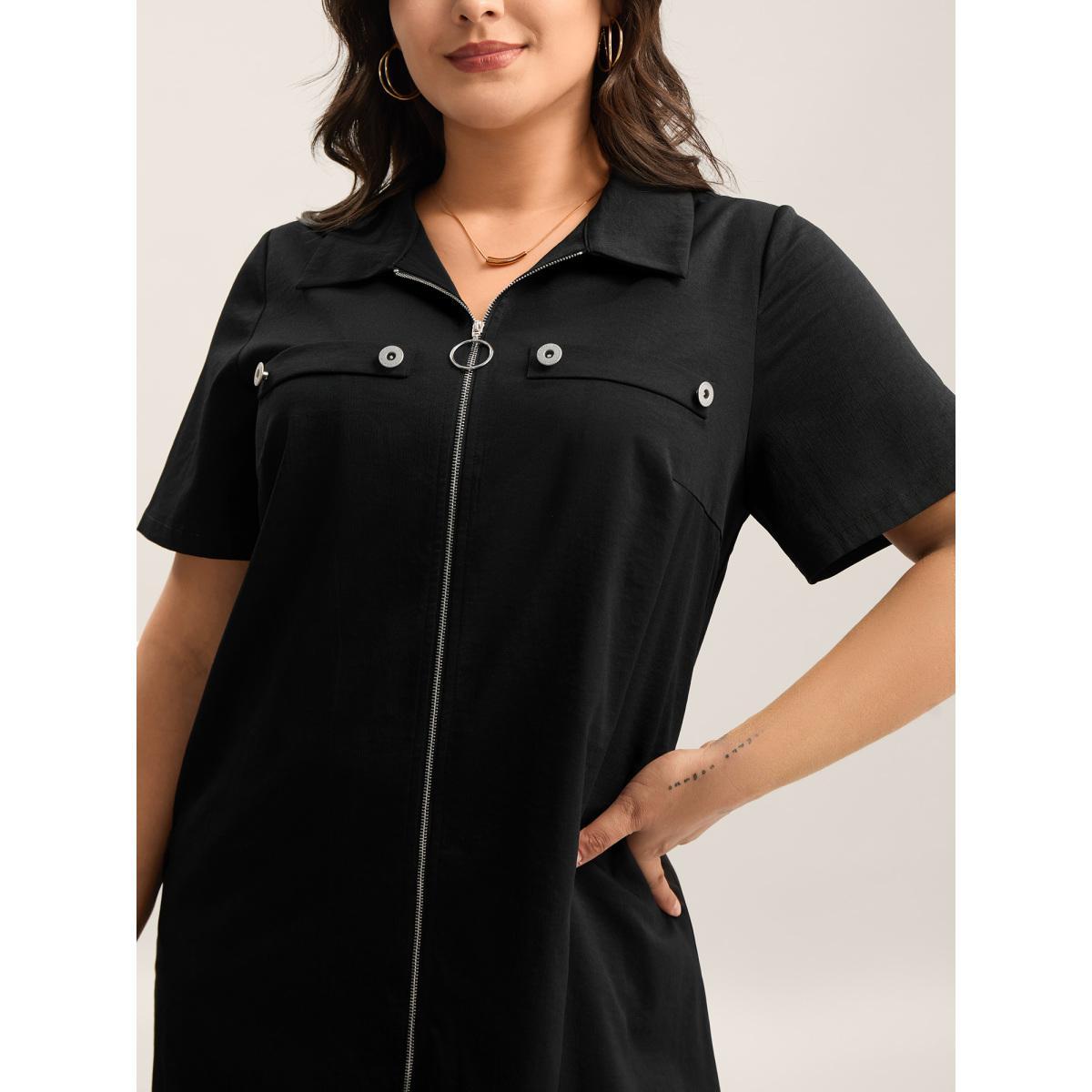 Plus Size Zipper Front Chest Flaps Shirt Dress Black Women Shirt collar Short sleeve Curvy BloomChic 22-24/3X Product Image