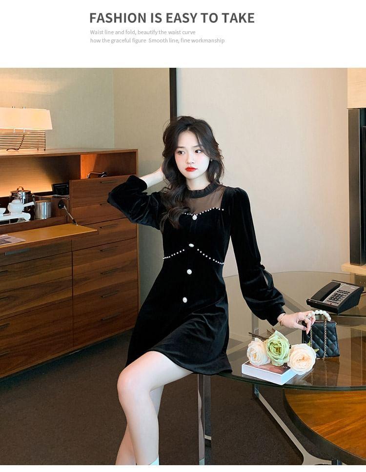 Long-Sleeve Beaded Velvet Mini A-Line Dress Product Image
