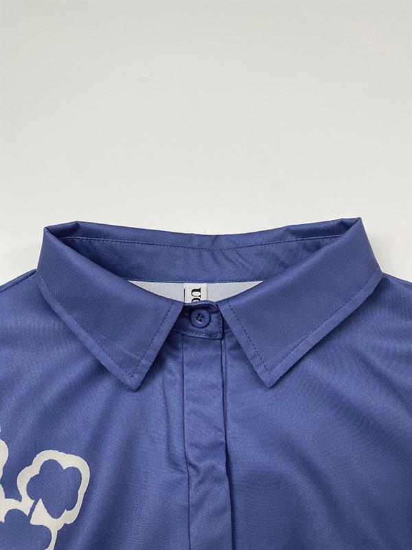 Half Sleeves High-Low Buttoned Flower Print Pleated Lapel Blouses&Shirts Tops Product Image